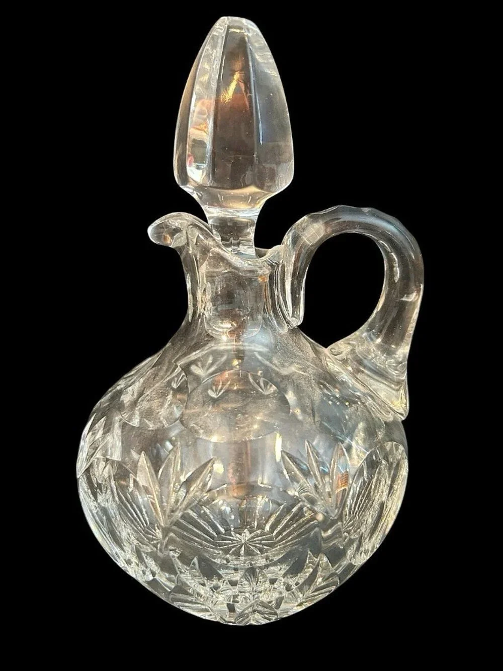 Vintage Elegant Cut Glass Cruets w/ Stoppers Diamond Point Pattern 7x5 Set of 2